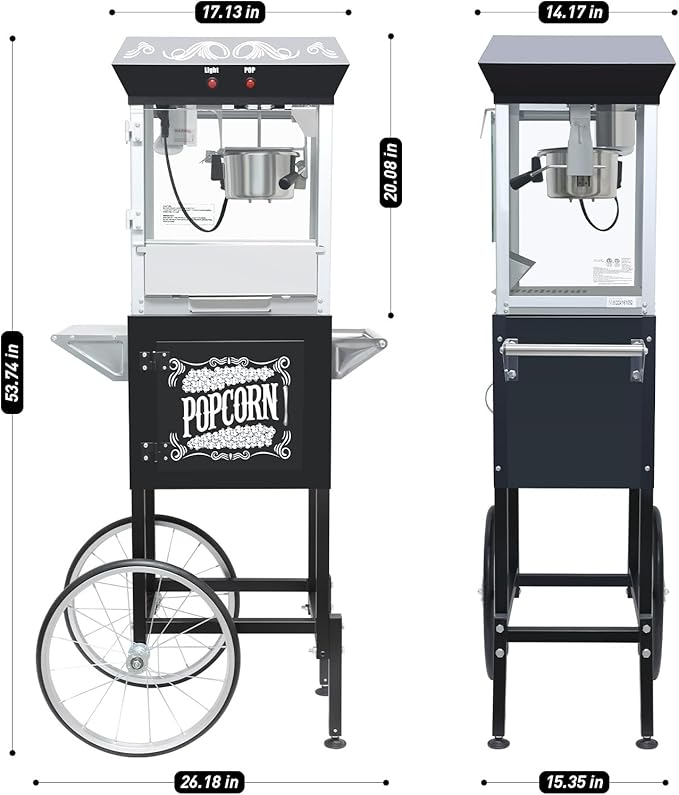 Popcorn Maker Machine - Professional Cart With 8 Oz Kettle Makes Up to 48 Cups, Stainless Steel Vintage Commercial Popcorn Machine Movie Theater Style (Black)
