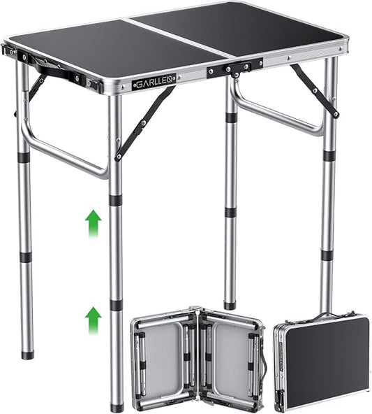 GARLLEN Folding Table, Adjustable Height Camping Table, Lightweight Portable Aluminum Picnic Table (22.8" L x 15.7" W (3 Height)) for Outdoor BBQ Dining Cooking