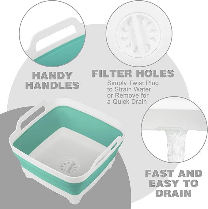 Dishpan for Washing Dishes, 2.4Gal/9L Wash Basin with Draining Plug Carry Handles, Collapsible Bucket for Cleaning, Portable Sink, Foldable Plastic Tub