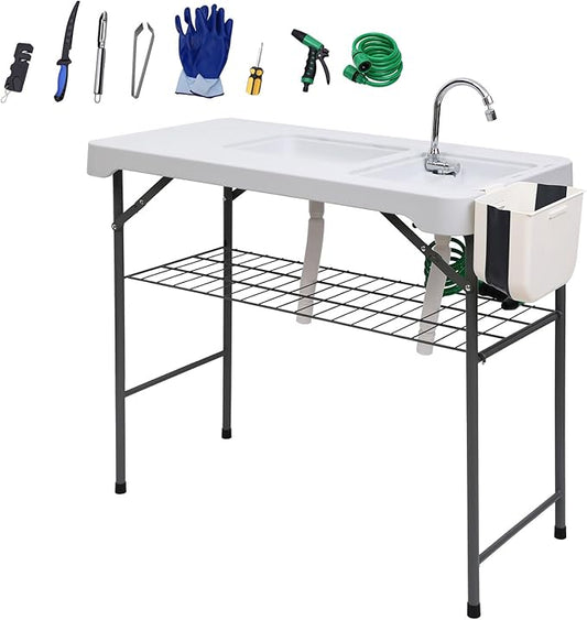 Nice C Fish Cleaning Table, Fish Cleaning Table with Sink, Camping Sink, 42.5'' Camping Table, w/Dual Universal Faucet & Spray, Drainage Hoses, Grid Rack, Basket, Toolkit for Picnic, Camping