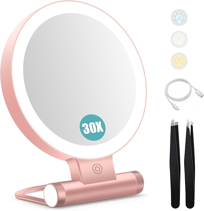B Beauty Planet Magnifying Mirror with Light 30X, Double-Sided 1X/30X Magnifying Makeup Mirror with Tweezer, 2000mAh 3 Colour Modes with Adjustable Brightness,Foldable Compact Travel Mirror(Rose Gold)