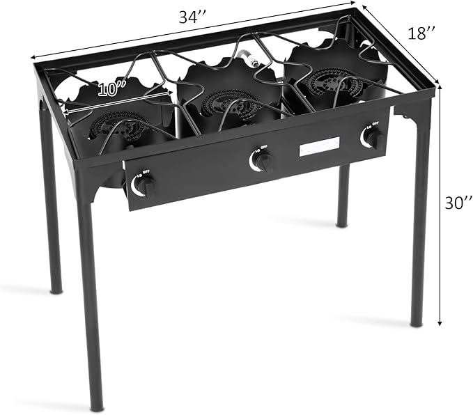 Happygrill Camping Stove Outdoor, High Pressure 3 Burner Propane Gas Camp Stove w/Detachable Legs, 225,000-BTU Output, 0-20 PSI Regulator, Portable Camping Burner Picnic Cookout