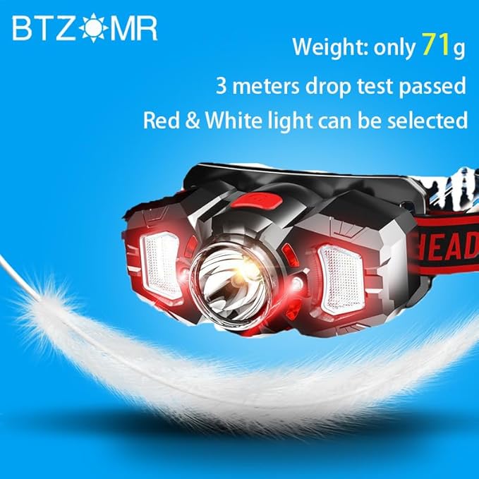 2 Headlamps, White&Red LED Headlamp, 70° Up&Down Adjustable, 4 Clips, Motion Switch, 800 Lumens, 500 Feet Distance and 10 Hours Running Time MAX, IPX5 Waterproof, for Camping, Hiking, Fishing