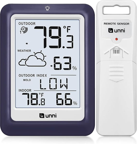 Indoor Outdoor Thermometer Wireless Weather Station, Temperature Humidity Monitor Battery Powered Inside Outside Thermometers with 330ft Range Remote Sensor and Backlight Display (Purple)