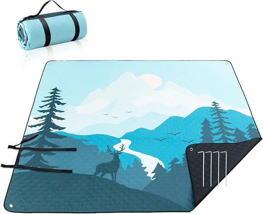 PY SUPER MODE Extra Large Waterproof Picnic Blankets 83x79 Inches - 5 Layer Outdoor Picnic Mat for Beach Camping Park Lawn, Windproof Anchor System with Stakes, Foldable Blue&Brown