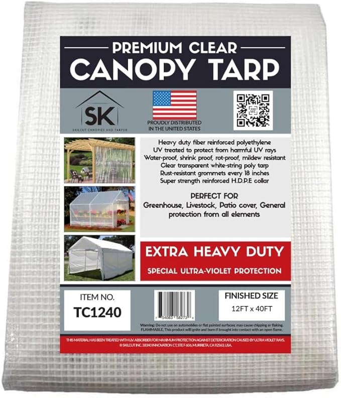 16 Mil Clear Poly Heavy Duty Tarp with Fiber Reinforcement - True Size Tarps with UV Protection, Tear Resistance, Flexibility, Reinforced Corners 12x40