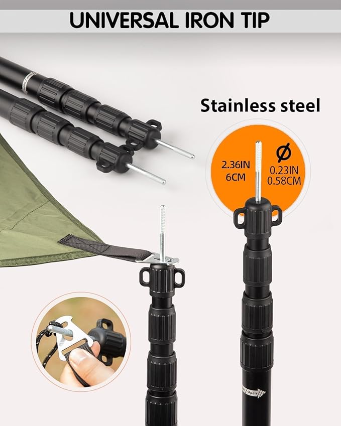 Tarp Poles Heavy Duty Adjustable, AVOFOREST Aviation Aluminum 8.7FT Tent Poles Lengthen and Thicken with Protection Cap Awning Poles Set of 2 for Hiking