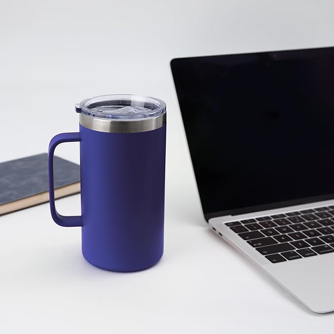 DOMICARE 24oz Mug with Handle and Lid, Stainless Steel Coffee Mug, Travel Mug with Handle, Double Wall Vacuum Coffee Tumbler, Reusable Insulated Cup, Dark Blue, Pack 8