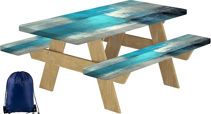 CAPSCEOLL Picnic Table Cover with Bench Covers Waterproof Fitted Camping Tablecloth All-Weather Outdoor Table Protector with Drawstring Bag for Camping Essentials, 72X30in, Blue White