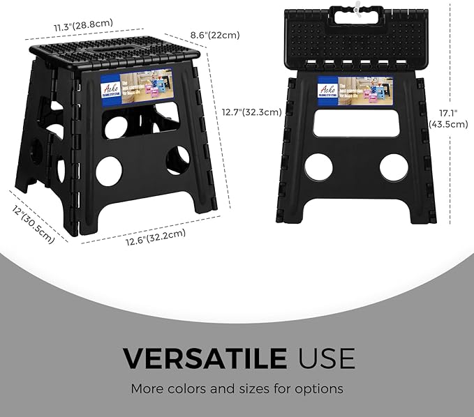 ACKO Folding Step Stool 13 inch Height Premium Heavy Duty Foldable Step Stools for Adults and Kids, Kitchen Plastic Small Collapsible Stepping Stool Hold Up to 300 LB Dot Black (1 Pack)
