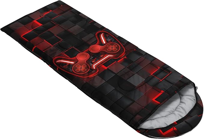 Axolotl Gamepad Sleeping Bag,3 Season Warm and Cool Weather Game Console Sleeping Bag for Boys Teens,Waterproof Lightweight Geometry Hexagonal Sleeping Bag for Traveling,Outdoors Camping,Blue,Black