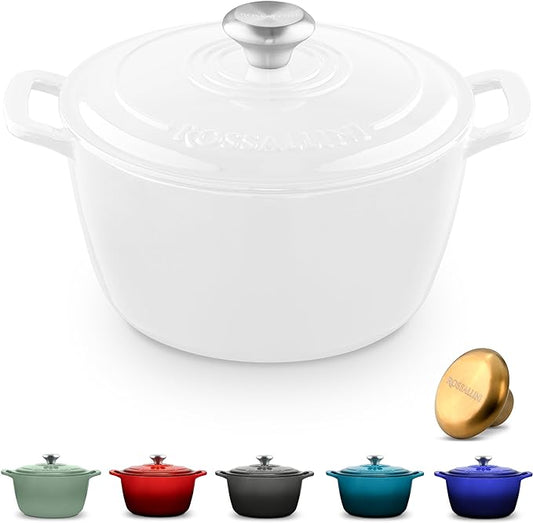 Signature Enameled Cast Iron Dutch Oven, Non-Stick Serving Pot with Tight Fitting Lid for Perfect Roasting, Baking, Sauteing, and Bread Making | 13.5Q (12.7L) - White