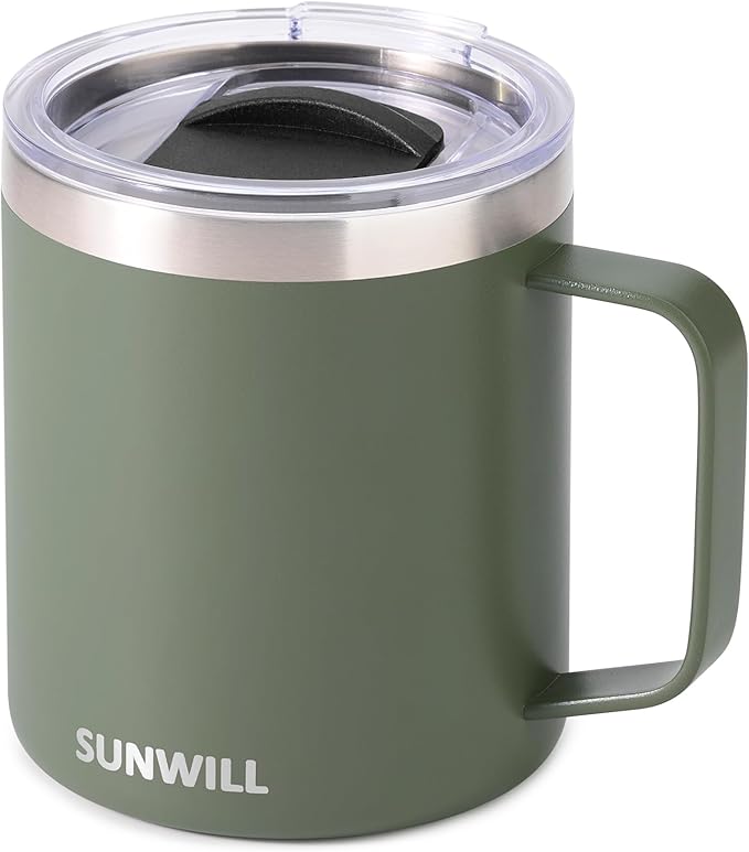 SUNWILL Travel Coffee Mug with Lid, Insulated Tumbler with Handle, 14 oz Stainless Steel Cup for Home, Office, Camping, Powder Coated Camp Green