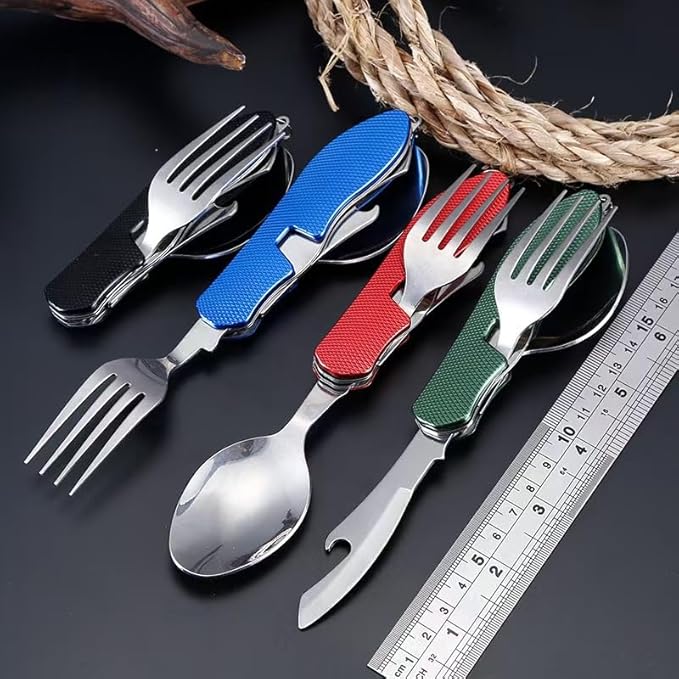 outdoor/camping 6-in-1 multi-function flatware silverware set, include knife, fork, spoon, corkscrew, bottle opener and fruit fork