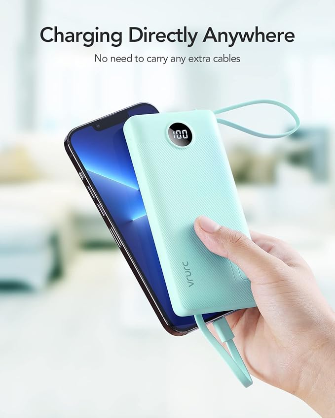 VRURC Portable Charger Power Bank, 10000mAh Travel Essentials Battery Pack, 5 Outputs 2 Inputs Slim Charging Bank Built-in Cables Cords Wires Compatible with iPhone,Samsung,Android-Green(1 Pack)