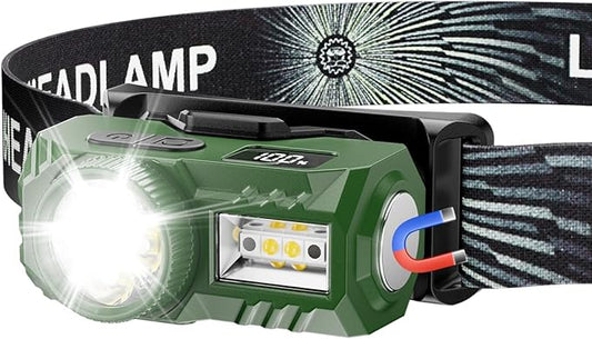 LED Headlamp Rechargeable with Motion Sensor - Super Bright Head Lamp with 6 Modes for Camping & Hiking Gear Essentials, IPX4 Waterproof Headlight Flashlight with Red Light, USB Cable Included(Green)