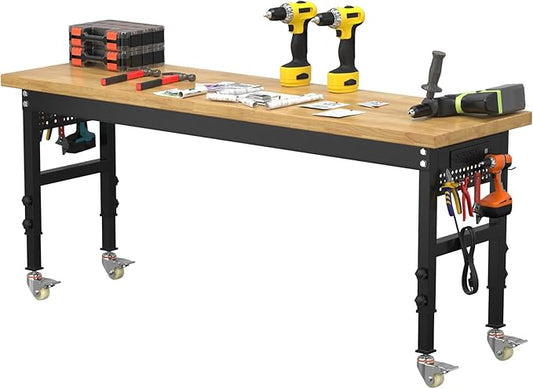 70" Heavy Duty Solid Wood Work Bench with Pegboard, Adjustable Height Workbench with Wheels and Power Outlets, 2000 LBS Capacity Work Table for Garage, Workshop, Office, Home