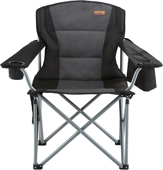 VEVOR Camping Folding Chair, Portable Heavy Duty Outdoor Quad Lumbar Back Padded with Side Pockets, Cup Holder and Cooler Bag for Beach, Lawn, Picnic, Fishing, Backpacking, Black