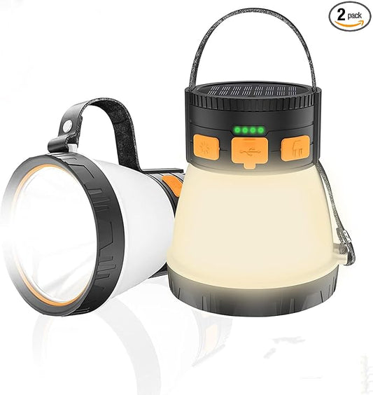2 Pack LED Camping Lantern, 1500 Lumens Camping Lantern Rechargeable with Solar Panel Charging, Waterproof, 8 Light Modes, 7500mAh Power Bank, Camping Flashlight for Hurricane Emergency, Outdoor