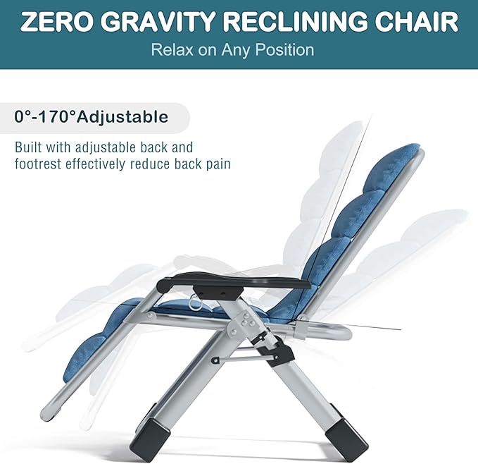 NAIZEA Padded Zero Gravity Chair, Folding Outdoor Lounge Chairs, Adjustable Reclining Camping Chairs with Cup Holder, Ergonomic Patio Lawn Chair for Balcony Beach Deck Yard