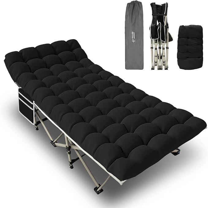 YELLOW JACKET Folding Camping Cot for Adults,600LBS Max Load,28" Wide Sleeping Cot with Removable Thick Mattress Portable Foldable Camping Bed with Carry Bag for Camp,Home,Office,Travel,Black
