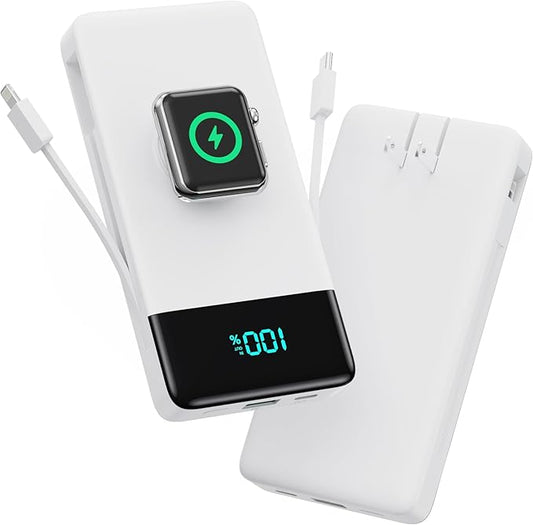 Portable Charger for iPhone with Built in Cables & Wall Plug,6-in-1 10800mah Power Bank with iWatch Charger,22.5W PD Fast Charging LCD Display Battery Pack for iPhone 16/15,Android,Apple Watch-White