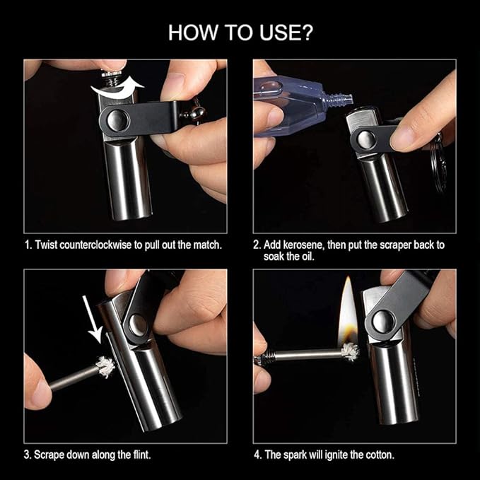 Permanent Match, Keychain Flint Matchstick Fire Starter Forever Match, Reusable Waterproof Flint Lighter for Outdoor Camping Emergency Survival black