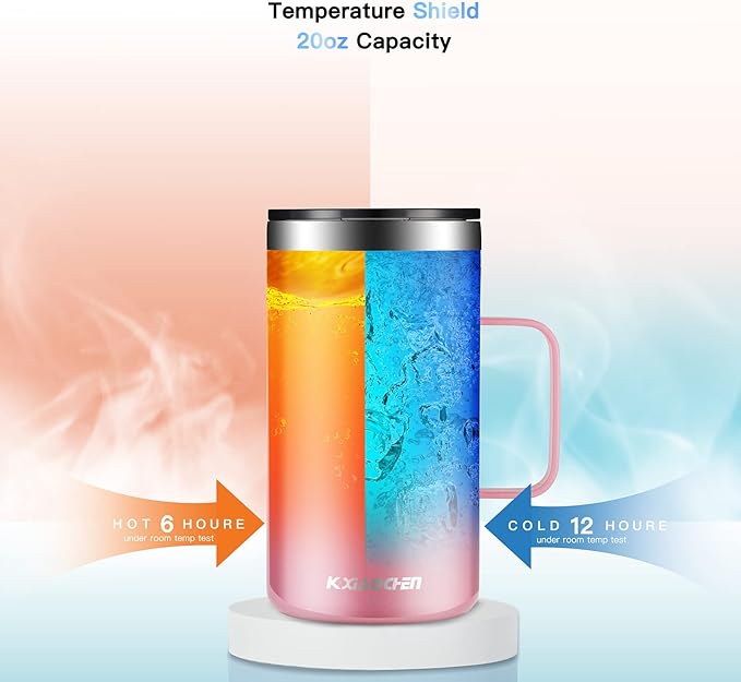 KXIAOCHEN 20oz Insulated Coffee Mug with Lid, Stainless Steel Coffee Cup, Double Wall Vacuum Coffee Tumbler with Handle, Premium Thermal Travel Coffee Mug (Pink Navy 2Pack)