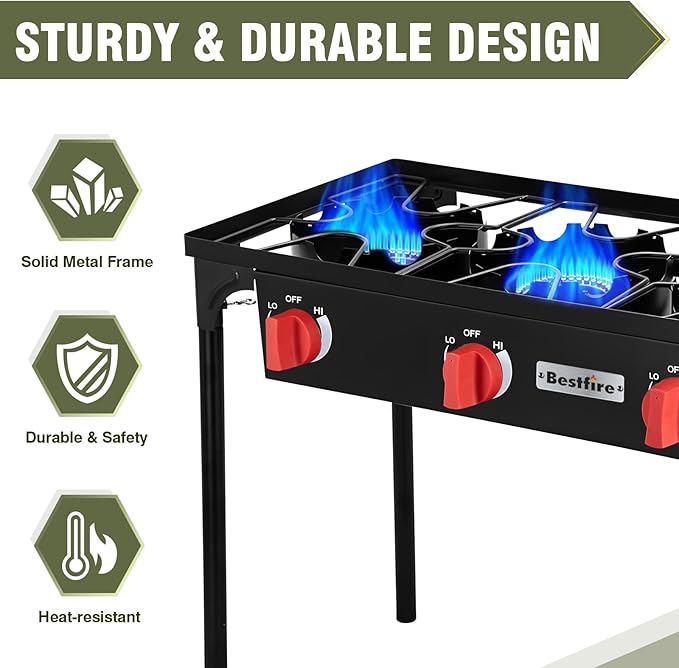 Bestfire 3 Burners Camping Stove for Cooking Outdoor, 225,000 BTU Propane Burners with Auto Ignition Button&Removable Legs, Temperature Control Knobs and 20 PSIG High Pressure Regulator for BBQ