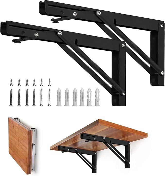 Storystore Folding Shelf Brackets - 14 Inch Heavy Duty Metal Collapsible Shelf Bracket for Bench Table, Shelf Hinge Wall Mounted Space Saving DIY Bracket, Max Load: 150 lb 2 PCS (Black)