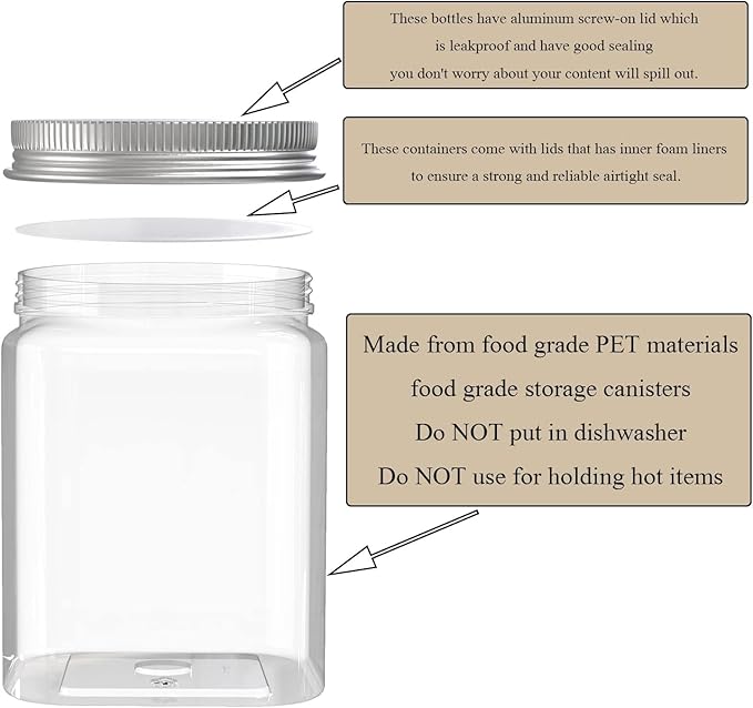 MANSHU 2 Pack 24 Oz Clear plastic jar, Refillable Kitchen Storage Containers, For Kitchen & Household, Aluminum cap.