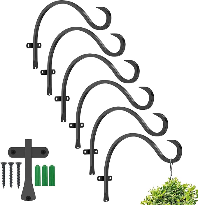 GameXcel Hanging Plant Bracket, 6PCS 12in Large Plant Hangers Outdoor Indoor Heavy-Duty Metal Wall Plant Hooks Plant Hanger with Screws for Home Decor Bird Feeders Lanterns Wind Chimes Decorative