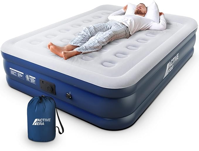 Active Era Premium 20" Queen Air Mattress with Built in Pump, Raised Pillow, Puncture Resistant Waterproof Soft Top, Elevated Inflatable Bed for Guests Queen Size Blow Up Mattress, Quick Electric Pump