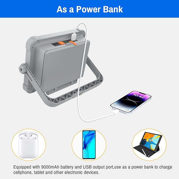 ERAY Rechargeable LED Work Light, Portable Worklight with Dual Solar Panels & 9000mAh Battery, Solar Camping Lights, 4 Lighting Modes Work Lights for Outdoor Emergency Building Car Repairing（Grey