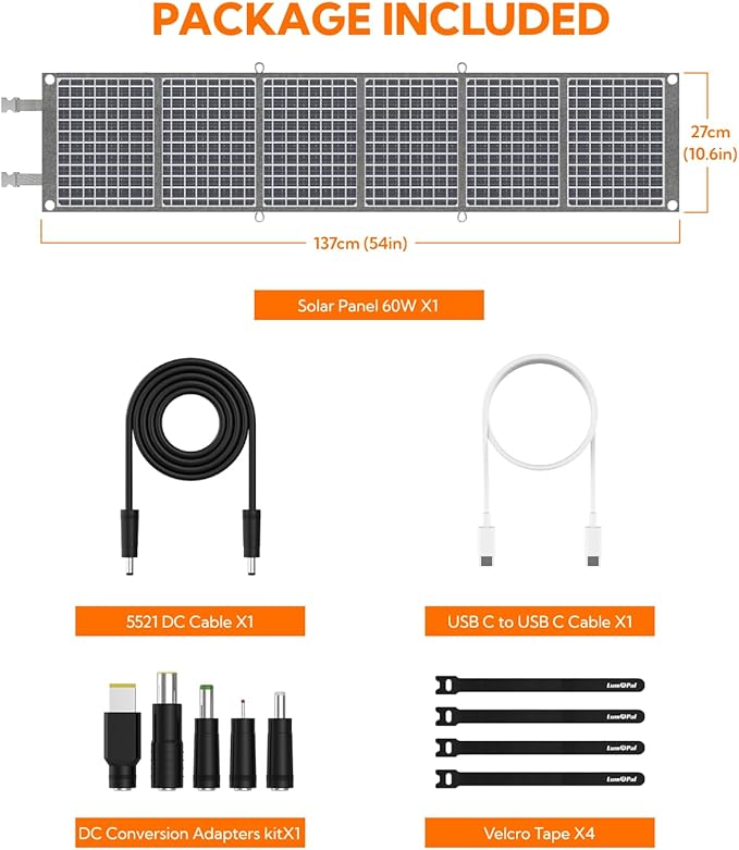 Portable Solar Panel, LUMOPAL 60W Foldable Solar Panel Folding Solar Charger with PD60W USB C QC3.0 USB A DC18-20V Output for Camping Backpacking Compatible with Phone Laptop Portable Power Station