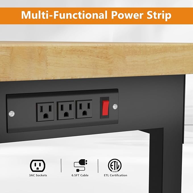 48" Work Bench with Drawers, Adjustable Height Workbench with Wheels, Heavy-Duty Work Table with Power Outlets, 2000 LBS Capacity Workstation for Garage, Workshop, Office, Home