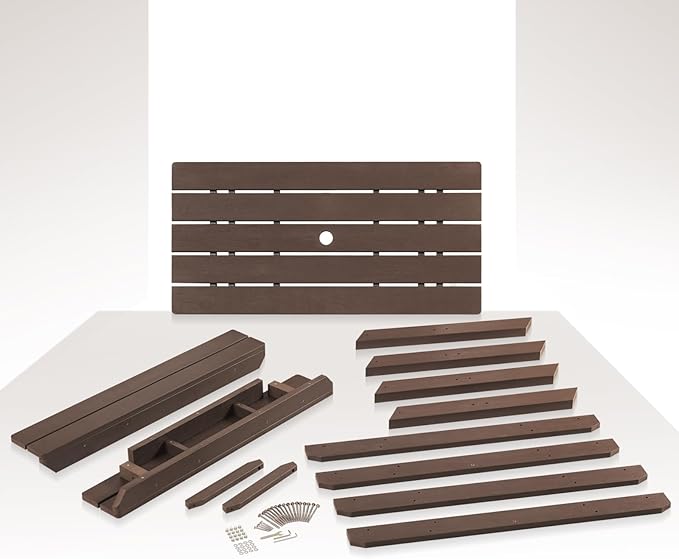 Psilvam Picnic Table - Heavy Duty Poly Lumber with Umbrella Hole & Integrated Benches, 100% Waterproof All-Weather for Patio, Garden (Brown)