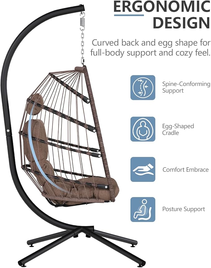 SWITTE Egg Chair Outdoor with Stand, Indoor Wicker Hanging Egg Swing Chair with Cushion, 350lbs Capacity for Patio, Bedroom, Garden - Brown