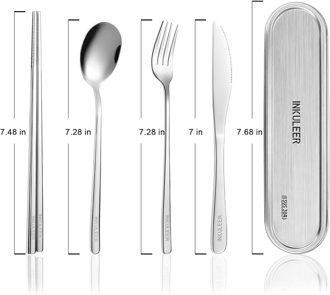 Travel Cutlery Set - 18/8 Stainless Steel Reusable Utensils with Metal Case, Portable Silverware for Camping, Office, Travel & Outdoor Dining