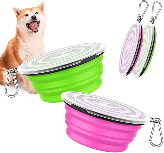 Pawaboo Collapsible Dog Bowls 2 Pack, Silicone Feeding Watering Bowls with Lids & Carabiners for Dogs Cats, Portable Water Feeder Food Bowl for Walking Traveling Home Use, 1000ml, Pink + Green