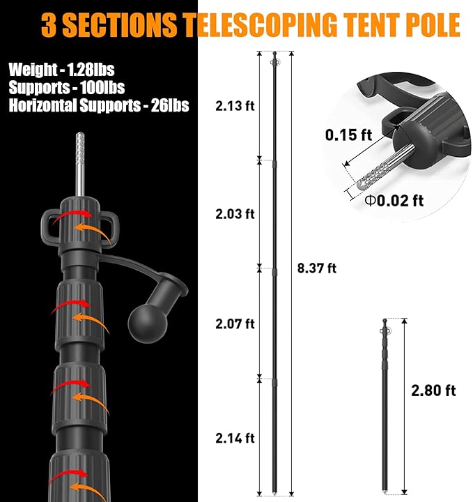 WILDROAD Tarp Poles Tent Poles Canopy Poles 8.37 ft, Telescoping Aluminum Poles with Non-Slip Aluminum Cone Bottom, Portable and Lightweight Camping Gear for Camping and Awnings, Set of 2