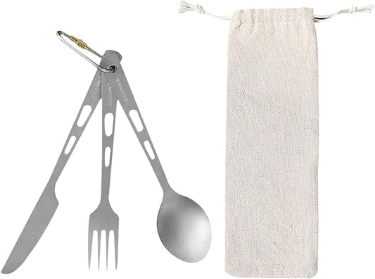Titanium Camping Utensil Set Lightweight Titanium Flatware Knife Fork Spoon with Carrying Bag for Traveling Picnic Hiking