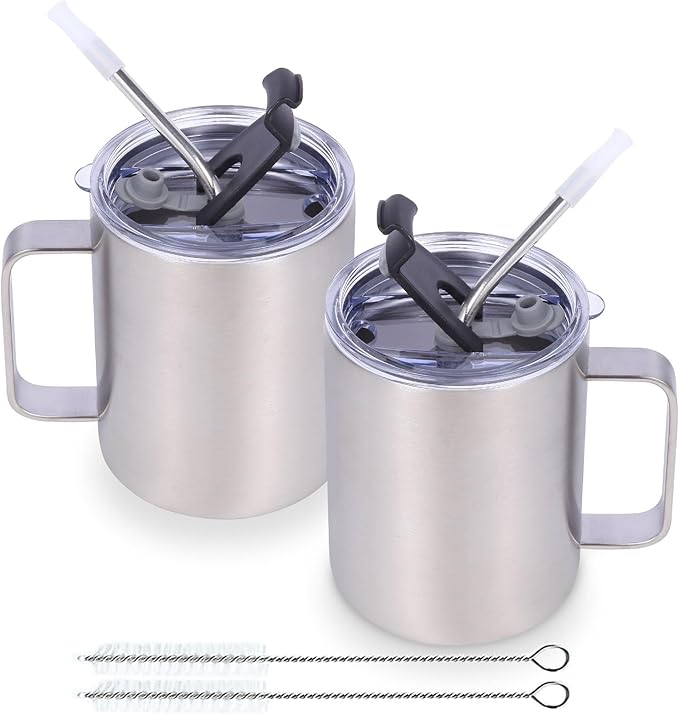 Volhoply 12oz Insulated Leakproof Coffee Mug with Flip & Straw Lid Bulk 2 Pack,Double Wall Vacuum Stainless Steel Travel Tumbler Cup with Handle,Reusable Camping Mugs Keep Cold/Hot(Silver,2 Set)