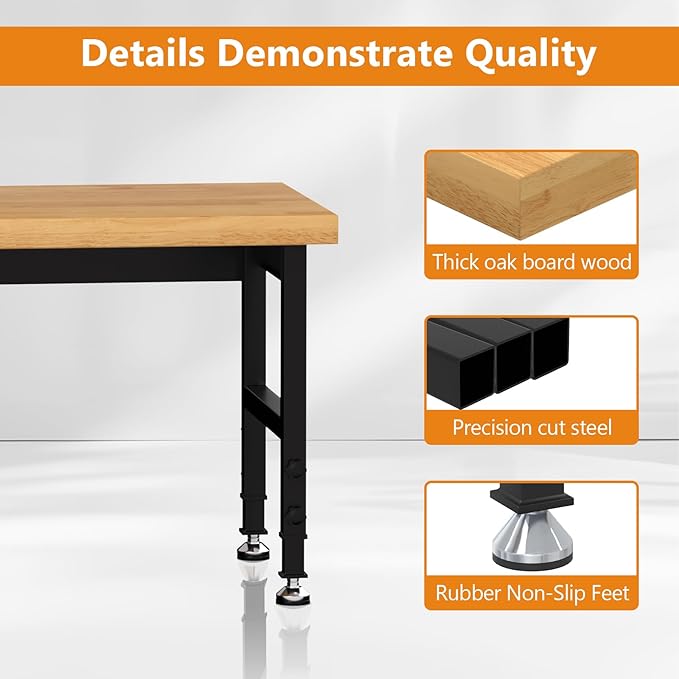 Solid Wood 48" Work Bench, Adjustable Height Workbench, Heavy-Duty Work Table, 2000 LBS Load Capacity Workstation for Garage, Workshop, Office, Home(48" X 24")