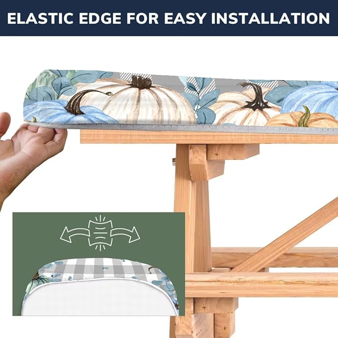 CAPSCEOLL Elastic Picnic Table Cover with Bench Covers 5Ft Waterproof Fitted Picnic Table Cover Cloths for Outdoors Camping Tablecloth with Drawstring Bag, 60X30in, Blue Pumpkins