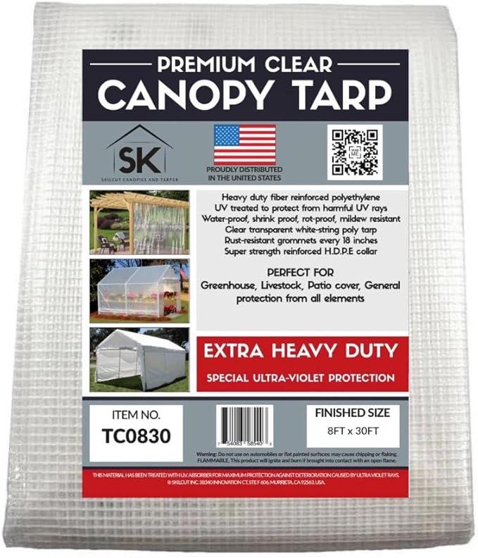 16 Mil Clear Poly Heavy Duty Tarp with Fiber Reinforcement - True Size Tarps with UV Protection, Tear Resistance, Flexibility, Reinforced Corners 8x30