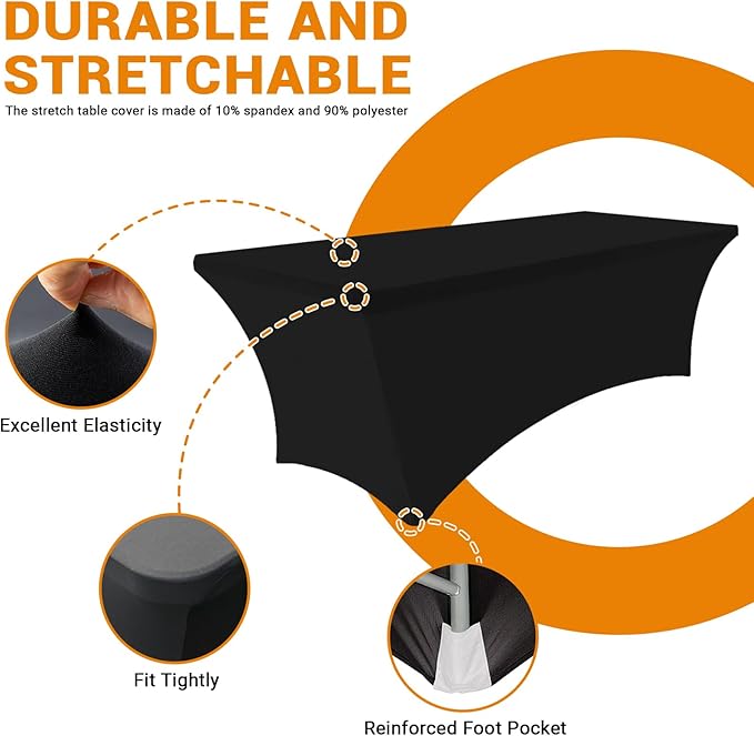 Eurmax USA Rectangular Fitted Spandex Table Covers 4ft Tablecloth Wedding Event Patio Table Decorations Stretch Table Cover for 4ft Folding Table (Black,2 Pack)