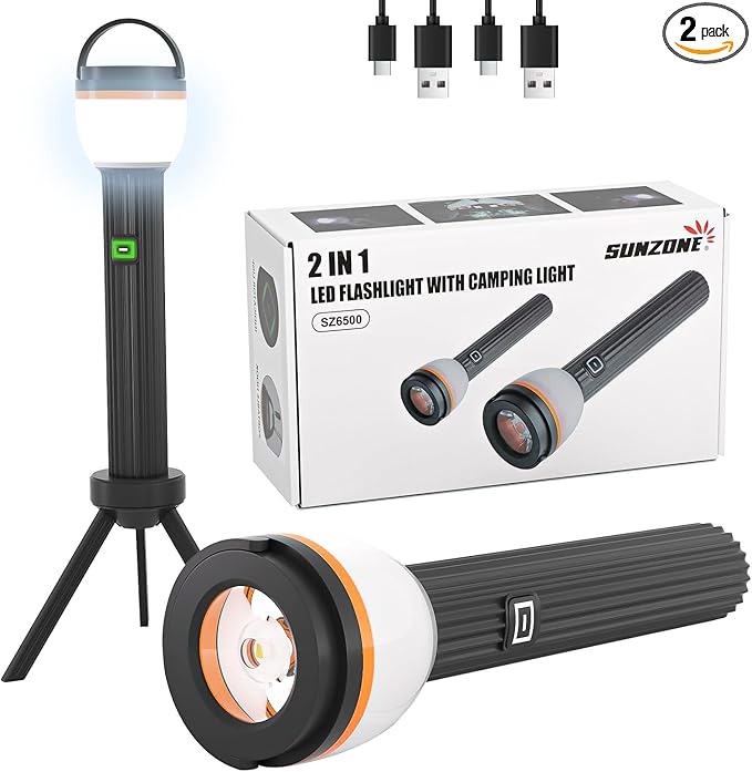 Sunzone Rechargeable Flashlight and Camping Lantern 2 Pack, Hign Lumens 4 Lighting Modes Portable Flash Light Floodlight for Outdoor Camping, Inspection Work Light,Emergency
