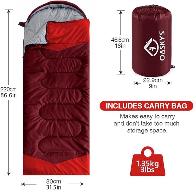 oaskys Camping Sleeping Bag - 3 Season Warm & Cool Weather - Summer Spring Fall Lightweight Waterproof for Adults Kids - Camping Gear Equipment, Traveling, and Outdoors
