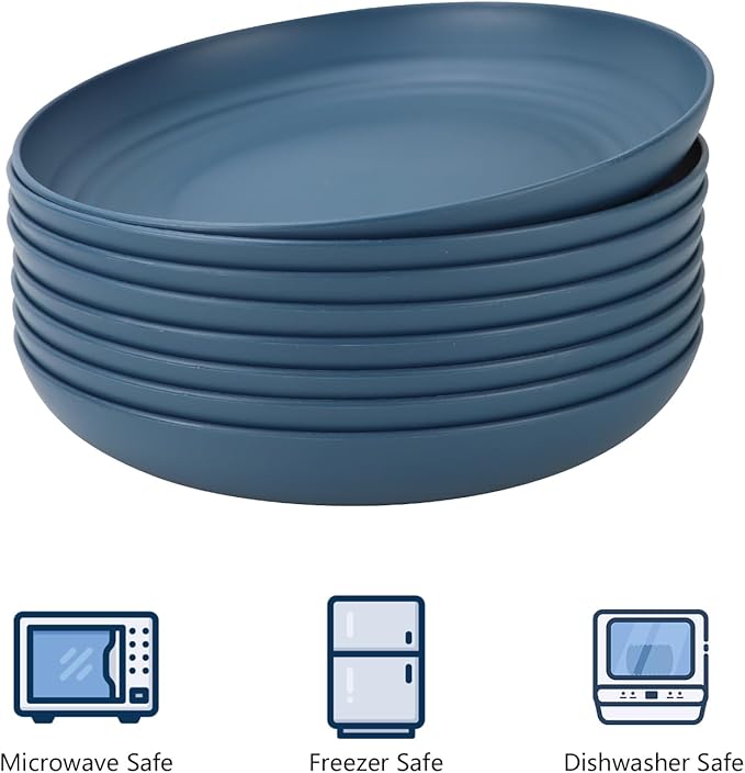 Homienly Wheat Straw Dinner Plates - Set of 8 Unbreakable Dishwasher and Microwave Safe Kids Plates (Blue) - 9 inch